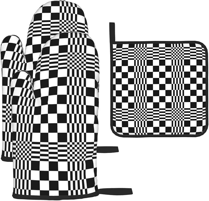 Black and White Optical Illusion Checkered Oven Mitt & Pot Holder Set by Unknown