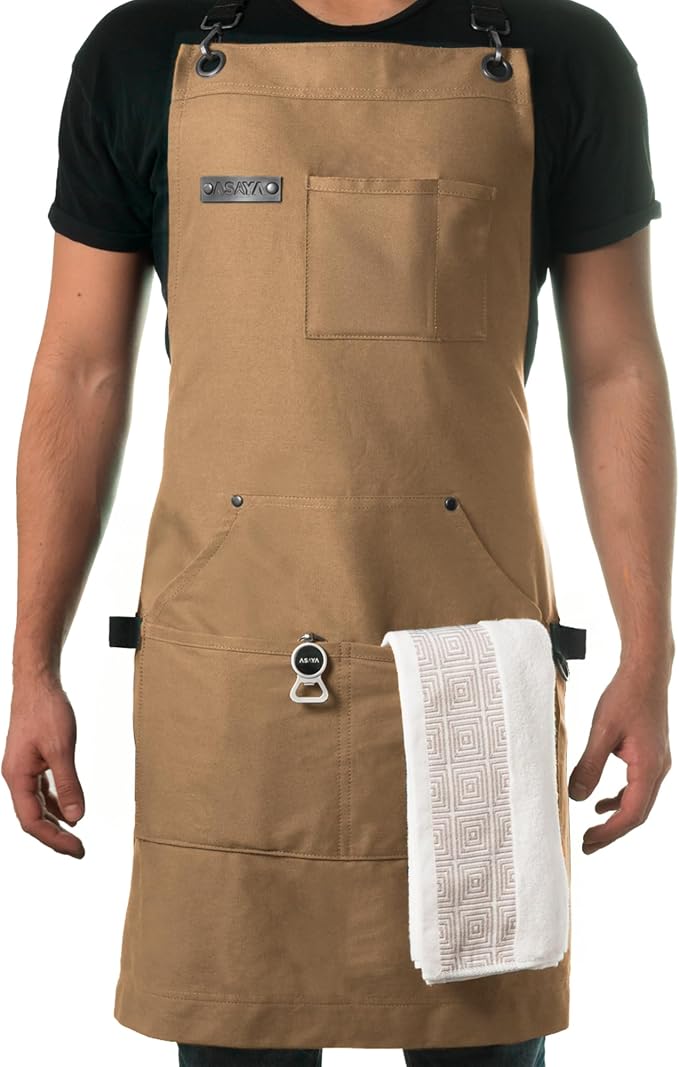 Asaya Chef and BBQ Apron with Bottle Opener and Hand Towel - 10oz Cotton Canvas by AsayaChefProducts