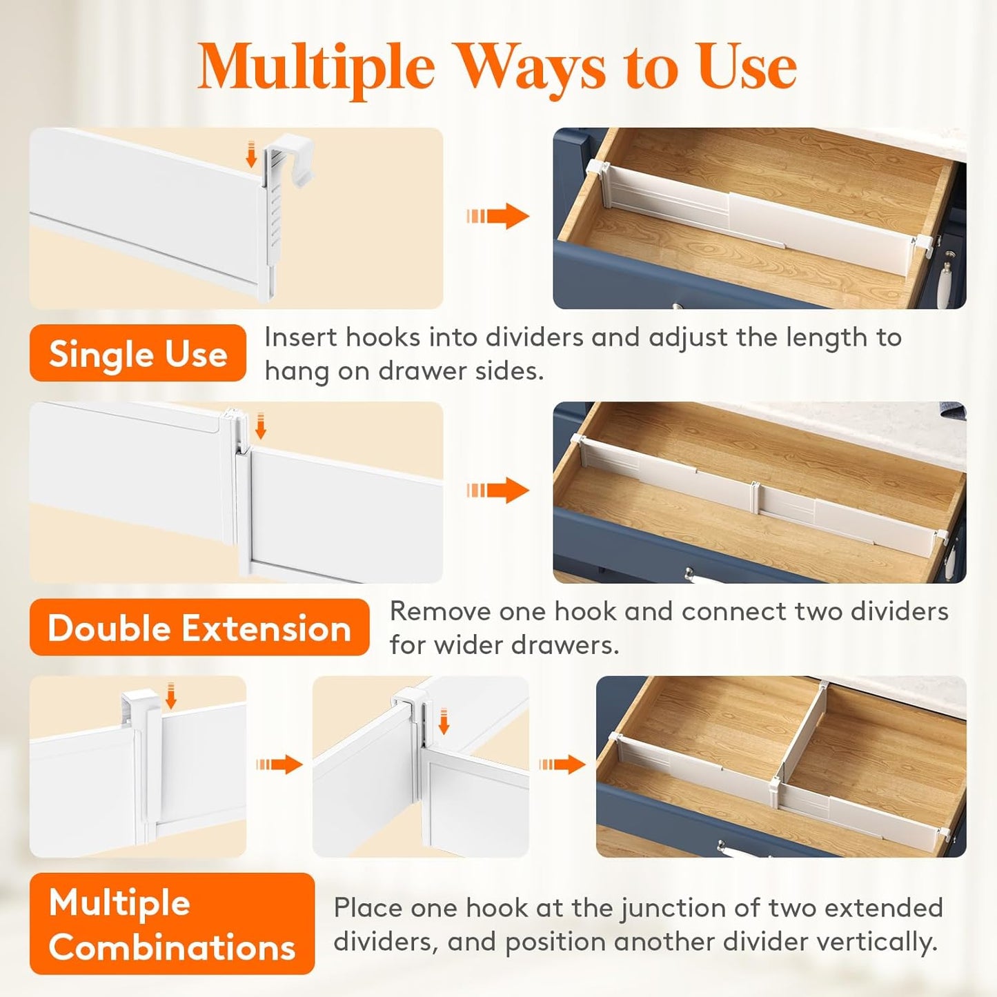Lifewit Hanging Kitchen Drawer Dividers 3.1" High, 10-17" Adjustable Drawer Organizers for Utensils, Expandable Dresser Separators in Kitchen/Bedroom/Bathroom/Vanity/Office, White(8 Pack)