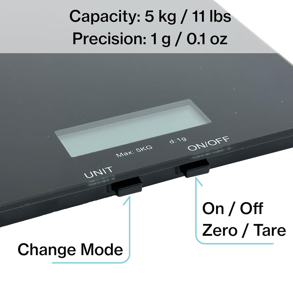 PantryPro Glass Platform Digital Kitchen Scale - 11lbs / 5kg Capacity - LCD Display g kg oz lb fl.oz ml - CR2032 Battery Included - Black