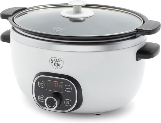 GreenLife 6QT Slow Cooker, Non-Toxic PFAS-Free Ceramic Nonstick Removable Interior Bowl, Programmable, Family Friendly, Keep Warm, Stovetop & Oven Safe, Dishwasher Safe Parts, Timer, Glass Lid, White