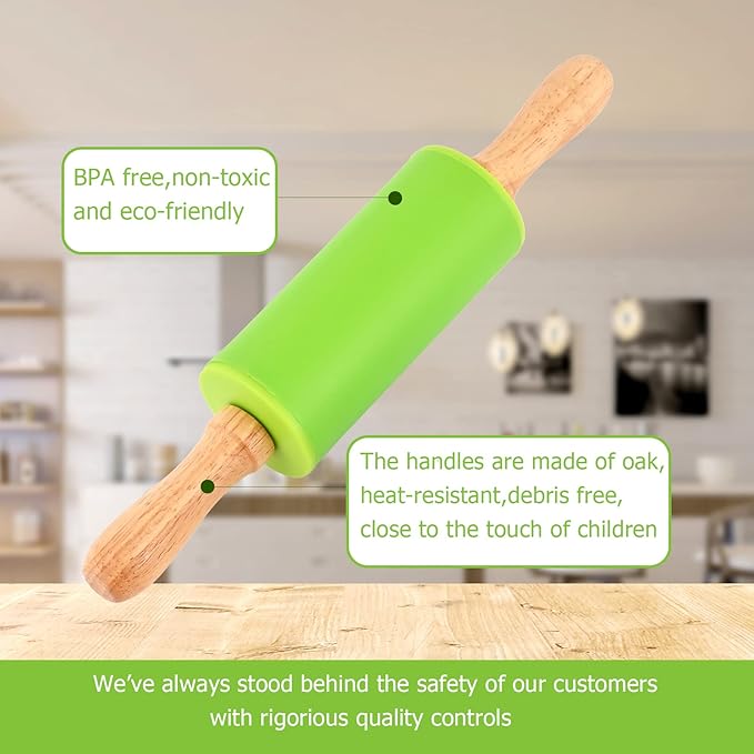 Mini Silicone Rolling Pin for Kids, Non-stick Surface Wood Handle, 9 Inch 12 - Image 2