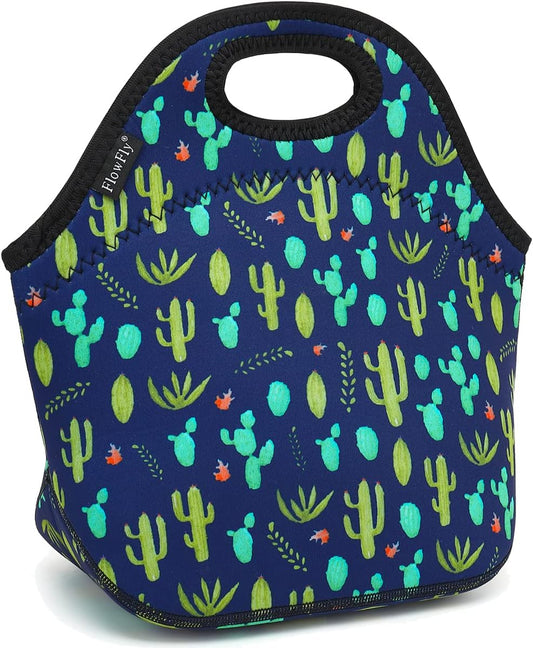 FlowFly Neoprene Lunch Tote Insulated Thermal Reusable Lunch Bag Box for Boys Men with Zipper (Cactus)
