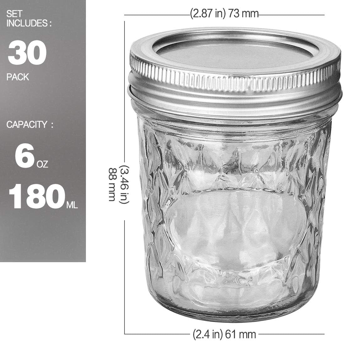VERONES Mason Jars 6 OZ, 30 PACK 6oz Mason jars Canning Jars Jelly Jars With Lids, Ideal for Jam, Honey, Wedding Favors, Shower Favors