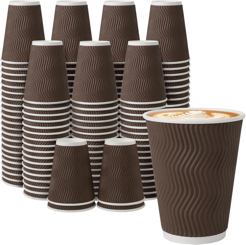12 oz Coffee Cups Disposable, 100 Count Insulated Paper Coffee Cups, Corrugated Ripple Wall Design Paper Cup, Hot Cold Drinking Cup for Party, Picnic, Travel, Business, Home