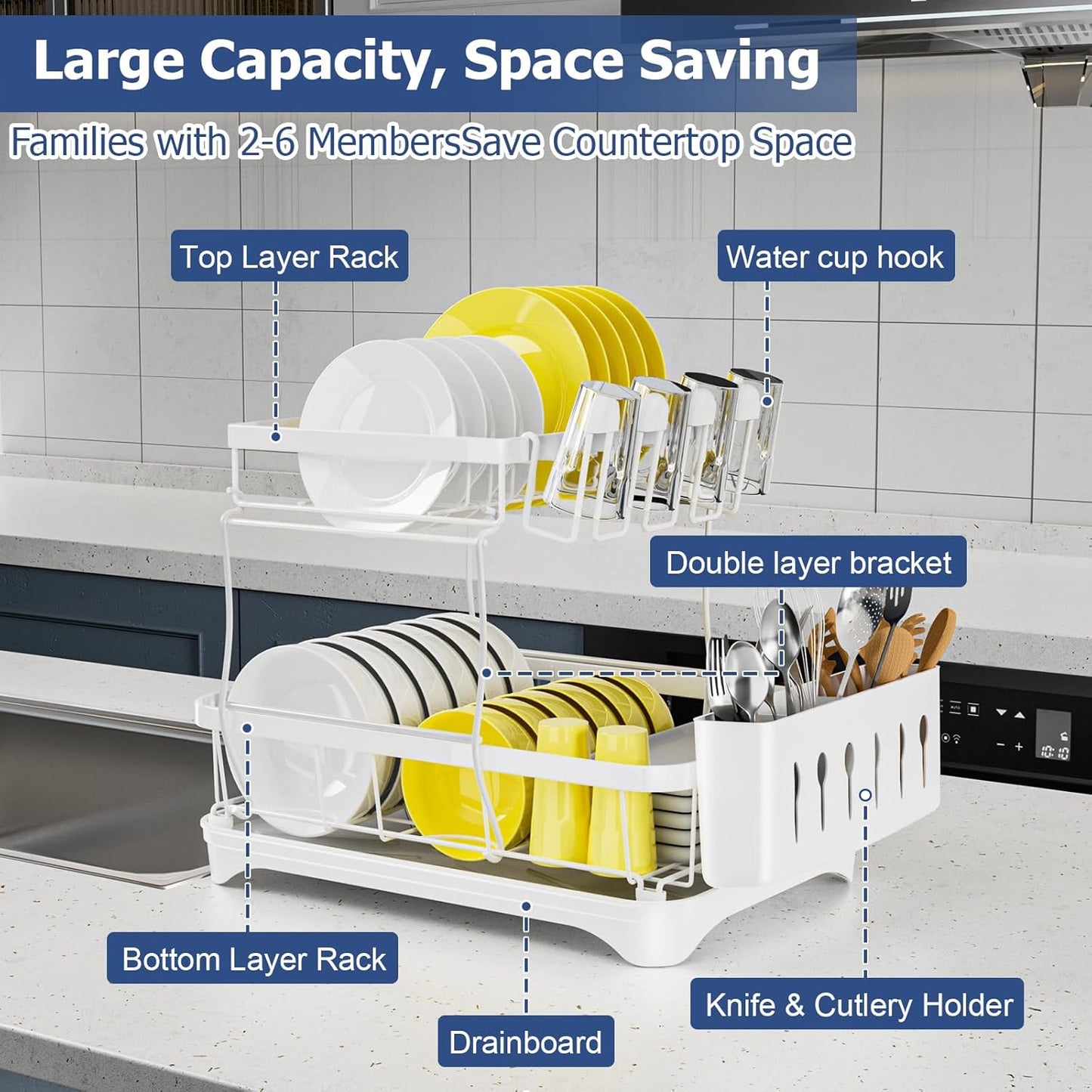 Dish Drying Rack 2-Tier Dish Racks for Kitchen Counter, Adjustable Spout Auto-Draining Dish Rack, Large Capacity for Plates, Bowls, Cups, Tableware，Dish Drainer with Drainboard,White
