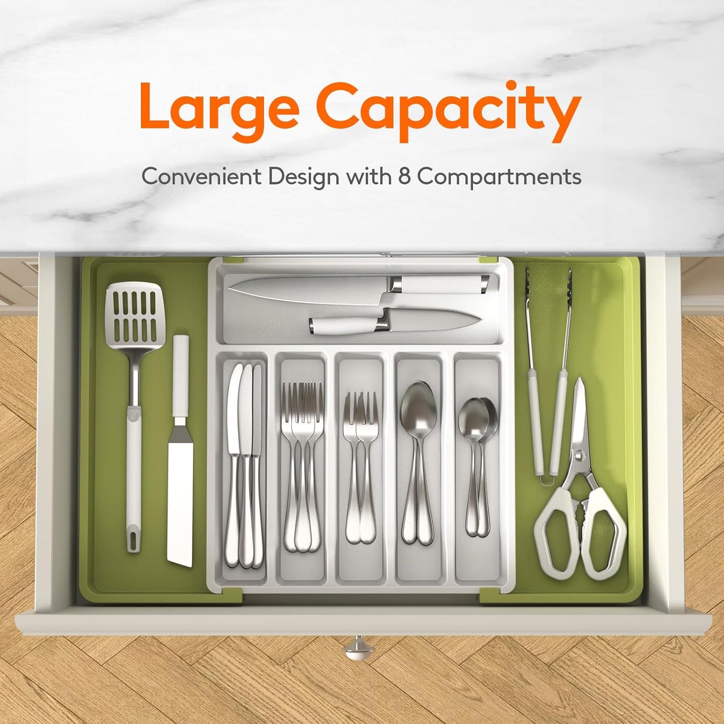 Lifewit Silverware Drawer Organizer, Expandable Utensil Tray for Kitchen, BPA Free Flatware and Cutlery Holder, Adjustable Plastic Storage for Spoons Forks Knives, Large, Green&White