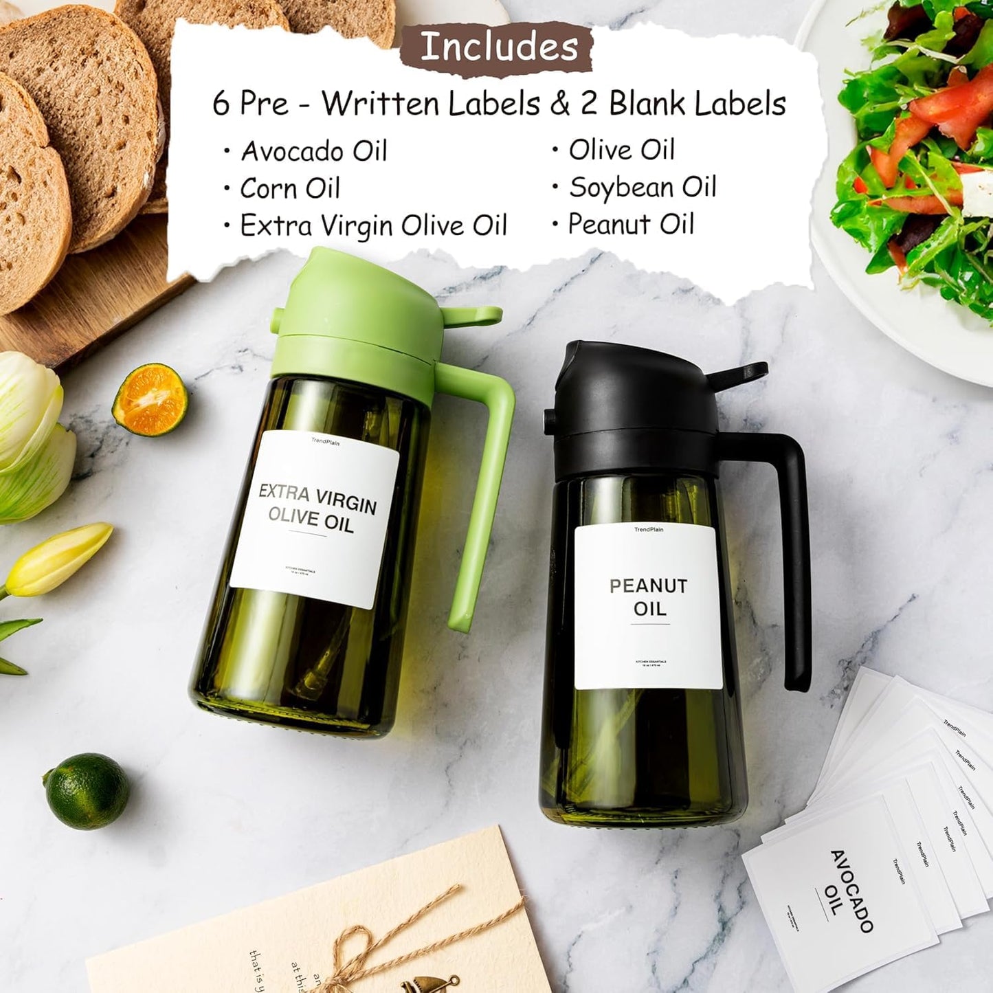 TrendPlain - Original 16oz/470ml Olive Oil Dispenser Bottle for Kitchen Gadgets and Air Fryer Accessories - Olive Oil Sprayer for Cooking w/Stickers - Black&Peach