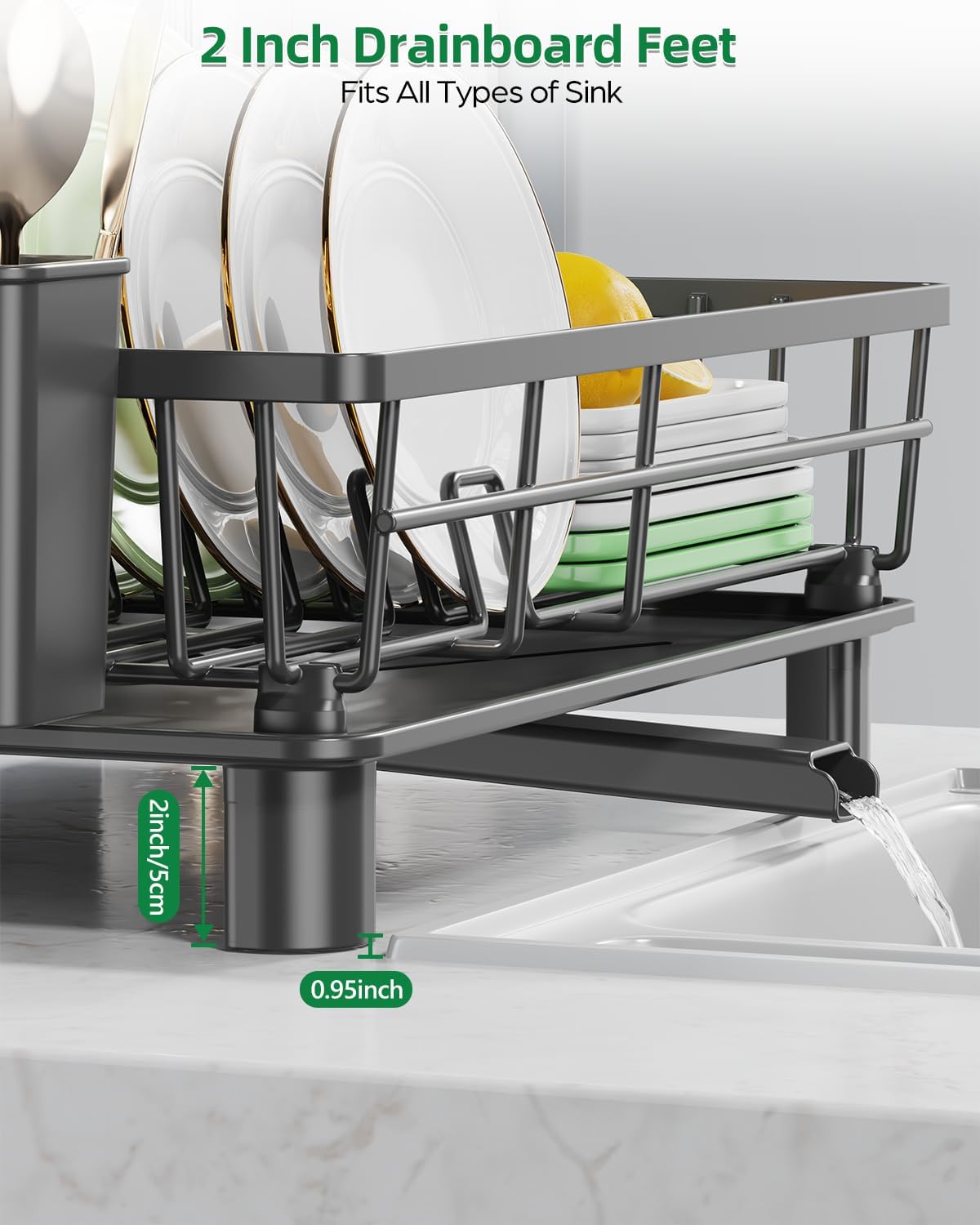 Dish Drying Rack, Stainless Steel Drainer Rack with Drainboard with Smart Drainage System, Space Saving Dish Strainer for Kitchen Counter with Cutlery Holder, Black