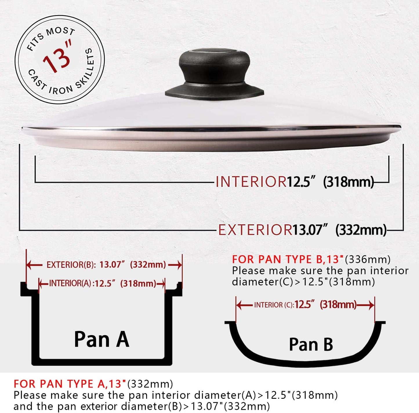 13 Inch Pan Lid Tempered Glass Pot Lid Replacement Pan Cover for Cast Iron Skillets, Frying Pans, Pots and Wok, Clear