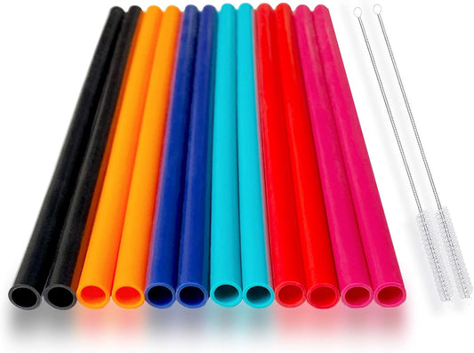 12 Pcs Eco Friendly Silicone Straws with 2 cleaning Brushes,Reusable Silicone Drinking Straws,for 30oz and 20oz Tumblers,Yeti, Ozark, (Pure Multicolor, 10 inches)