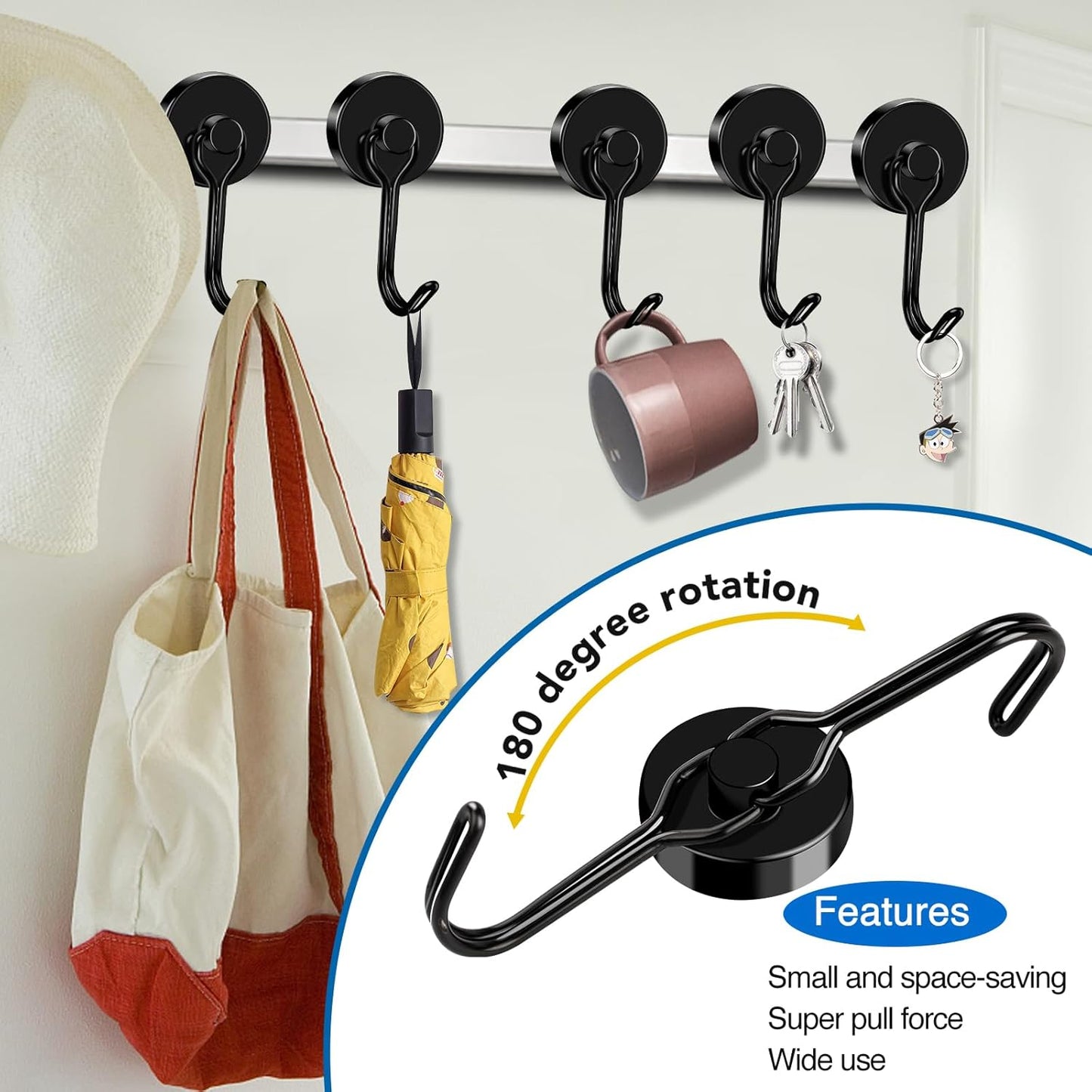 LOVIMAG Hooks, 80lbs+ Magnetic Magnet Hook 2025 Cruise Cabin Ship Essentials Heavy Duty Strong Refrigerator Fridge Hanging for Classroom Beach Vacation Kitchen Grills Home Mug Hanger (6 Pack), Black