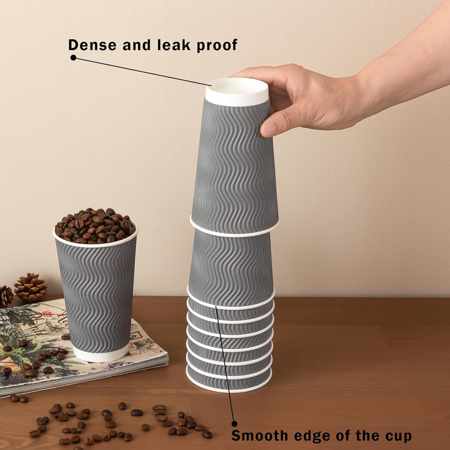 90 Pack 16 oz Disposable Coffee Cups No Lids, Gray Insulated Ripple Wall Paper Coffee Cups 16oz, Corrugated Beverage Paper Cups, To Go Cups for Hot Chocolate Tea Home Travel Office