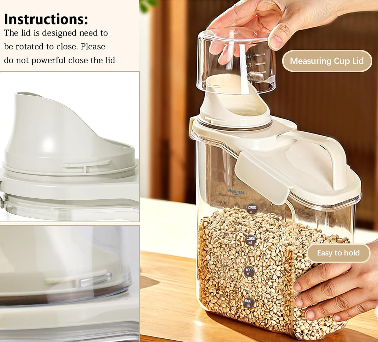 Cereal Containers Storage,2L Airtight Large Dry Food Storage Containers with Pouring Spout, Measuring Cup for Flour and Grain,BPA Free Plastic Dispenser