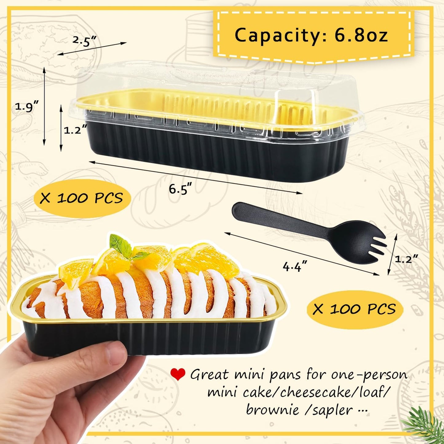 LNYZQUS Mini Loaf Pans with Lids 100 Pack, 6.8oz Aluminum Foil Mini Cake Baking Pans Cupcake Tins Containers,Disposable Ramekins Bread Baking Cups Muffin Tins Holders-Black