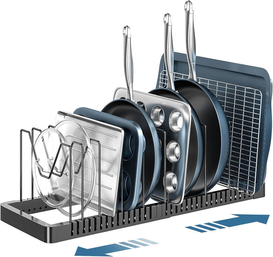 Pots and Pans Organizer under Cabinet, Expandable Pot Lid Organizer Holder with 10 Adjustable Compartment, Pan Organizers inside Cabinet for Lids, Bakeware, Kitchen Storage Pot Rack, Black