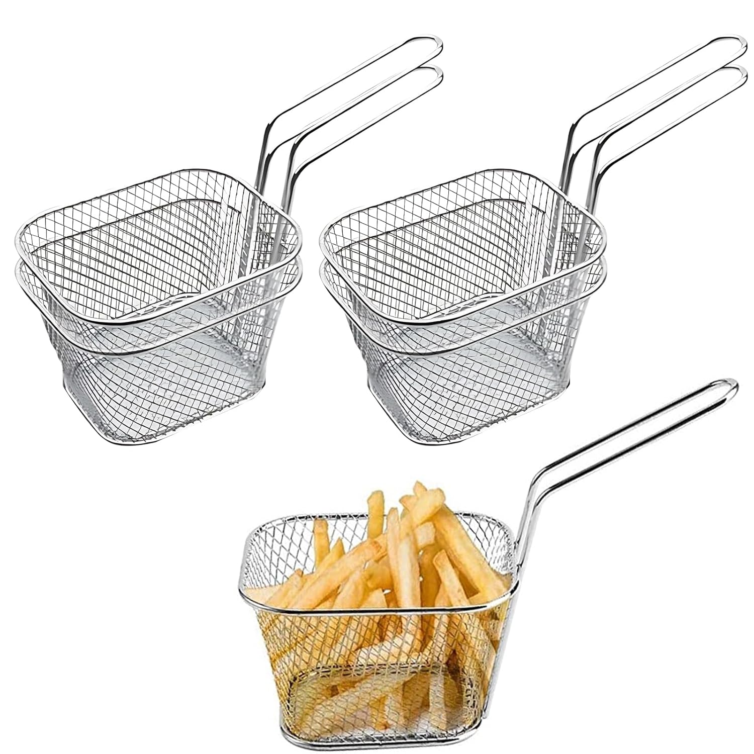 4 Pcs Mini Square Fry Baskets, 4.13×3.3×2.5inch Stainless Steel Fry Basket with Handle Steel French Fry Chip Basket French Fries Desk Food Presentation Mesh Basket Kitchen Cooking Tool