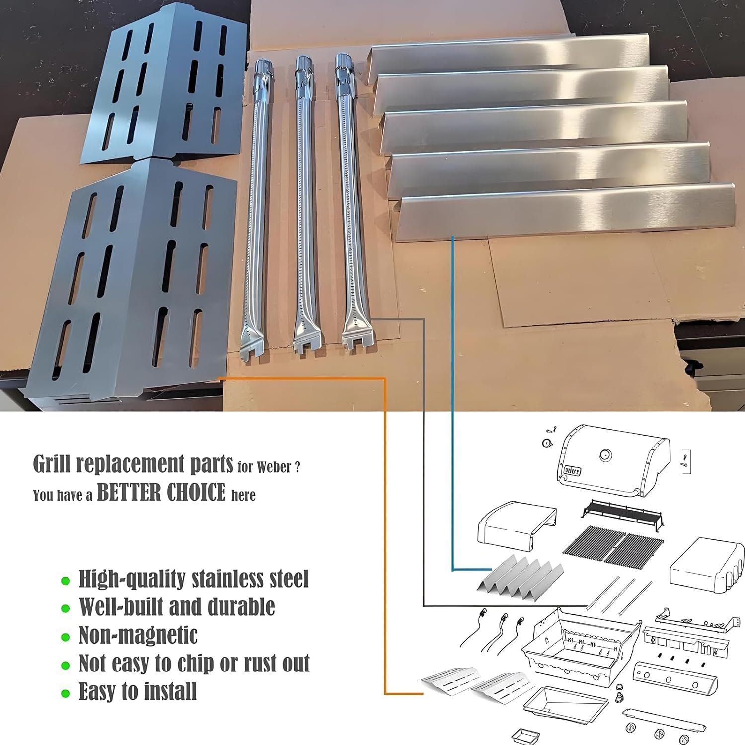 Genesis Grill Parts for Weber E310 E320 E330 EP310 EP320 EP330, 17.5” Flavorizer Bars 7620 Heat Deflector 7622 Burner Tube 62752 for Weber Genesis 300, Grill Replacement Parts for Weber Accessories