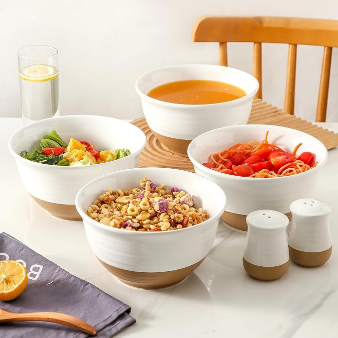 HASENSE Large Ceramic Soup Bowls Set of 4, 40 Oz 7 Inch White & Terracotta - Image 4