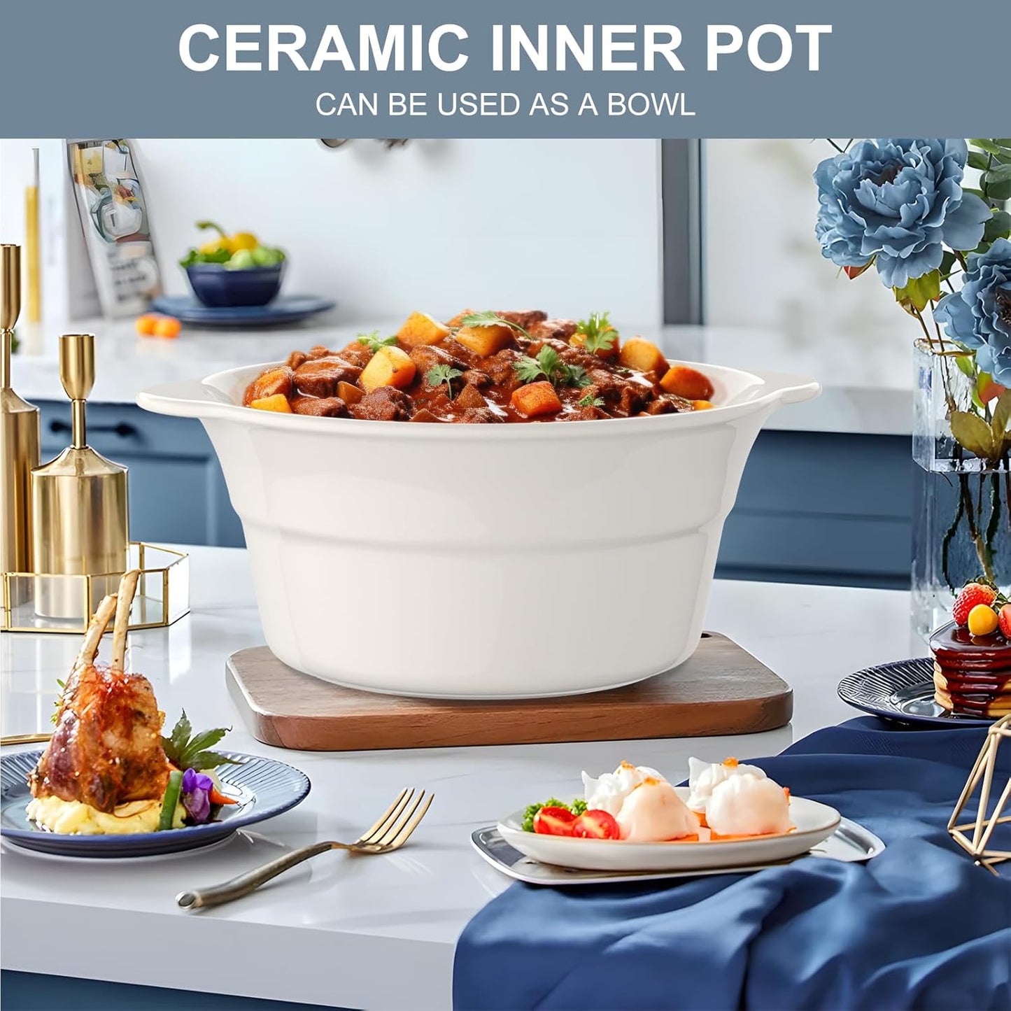 MAGNIFIQUE 5 Quart Programmable Slow Cooker with Auto Warm Setting, Glazed Ceramic Liner, Kitchen Small Appliance for Family Dinners, Blue