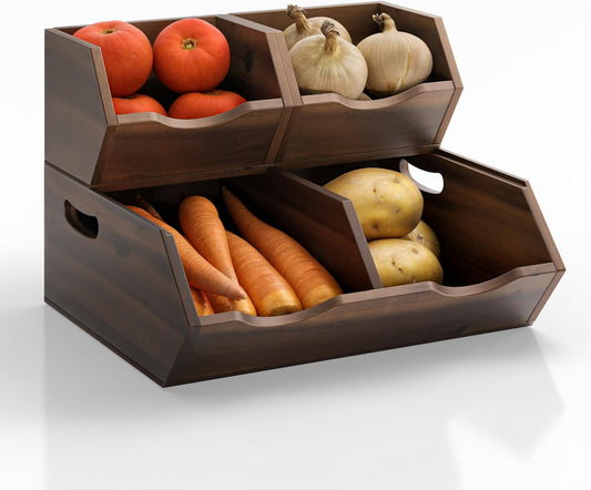HOLANA Acacia Potato and Onion Storage Bin - Stackable Wooden Storage Bins - Pantry Baskets Organization and Storage - Onion and Potato Storage Bins for Kitchen Storage Organization