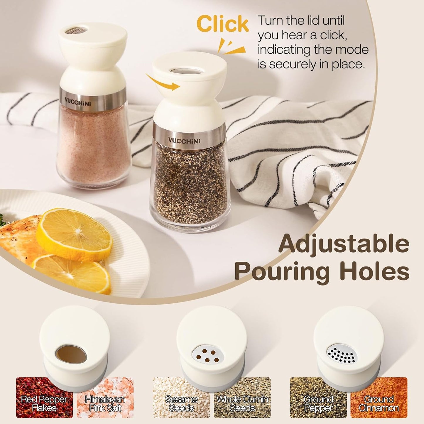 Vucchini Salt and Pepper Shaker Set 3 Adjustable Pour Holes, Dishwasher Safe, 5oz Large Capacity Spice Shaker for Kitchen & Camping (Cream)