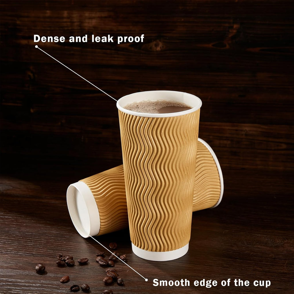 90 Pack 16 oz Disposable Coffee Cups No Lids, Champagne Insulated Ripple Wall Paper Coffee Cups 16oz, Kraft Corrugated Beverage Paper Cups for Hot Chocolate, Home, Travel, Office, Tea