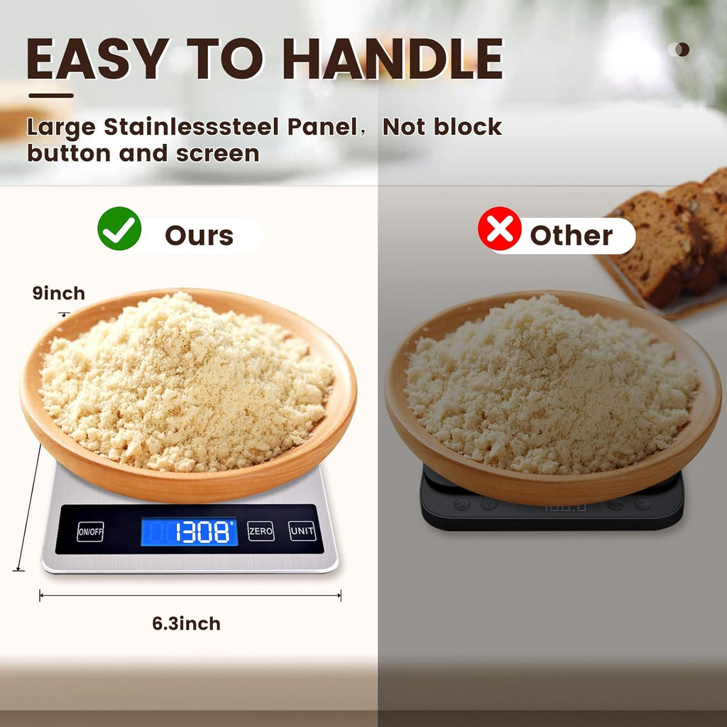 33lb Food Scale, Digital Kitchen Scale Batteries and USB Charging,1g/0.05oz Precise Graduation, Waterproof Stainless Steel with LCD Display Weight Grams and oz for Cooking Baking (Stainless Steel)