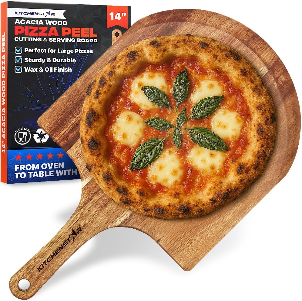 KitchenStar 14-Inch Acacia Wood Pizza Peel – Large Wooden Cutting & Serving Board with Handle – Natural Oil Finish – Ideal Pizza Oven Accessory for Easy Sliding & Prep