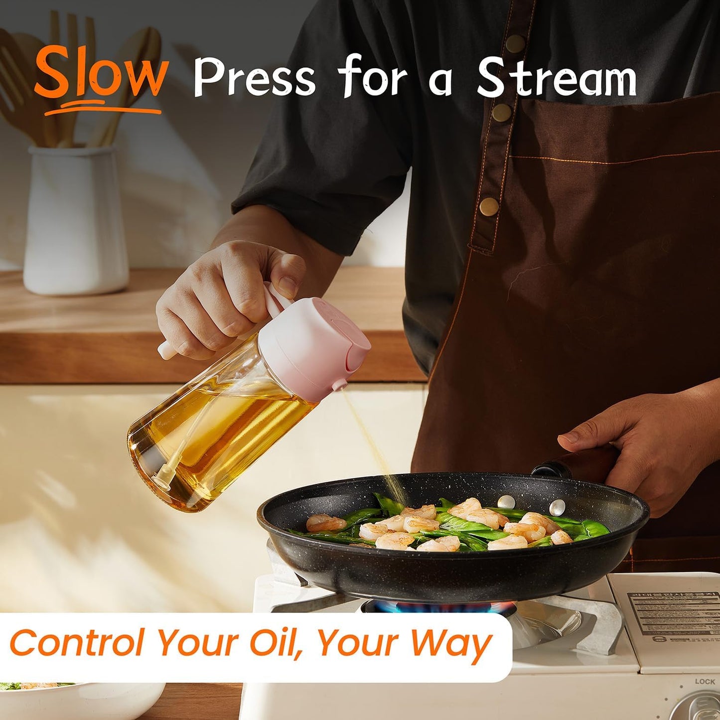 TrendPlain 16oz/470ml Glass Olive Oil Sprayer for Cooking - 2 in 1 Olive Oil Dispenser for Kitchen Gadgets, Air Fryer, Salad, and BBQ - Peach