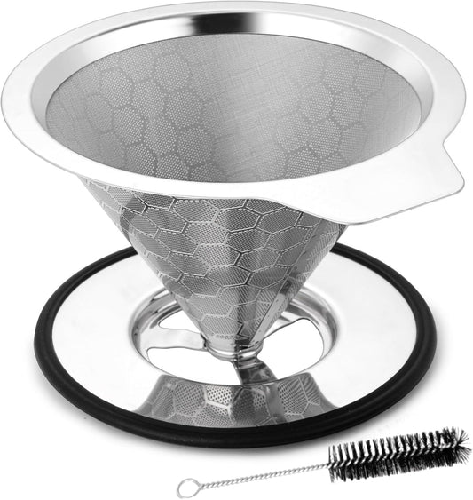 LHS Pour Over Coffee Dripper Reusable Coffee Filter Metal Cone Filter Paperless Coffee Filter Stainless Steel Pour Over Coffee Maker Single Cup Brew Coffee Filter, Double Mesh