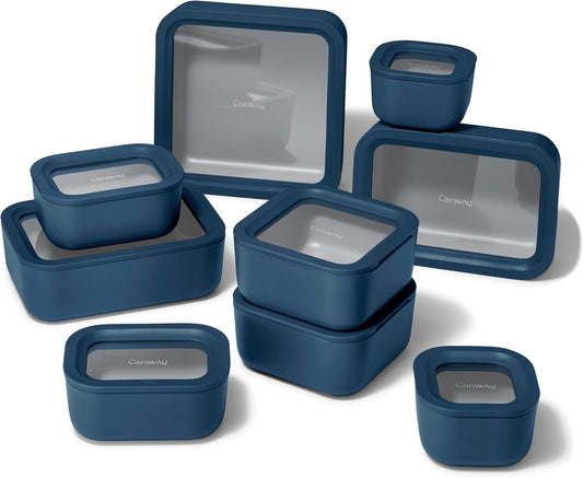 Caraway 25pc Glass Food Storage Set - Glass Storage Containers for Food - Non-Toxic Ceramic-Coated Glass - Air Release Technology - Compact & Stackable Design - Navy
