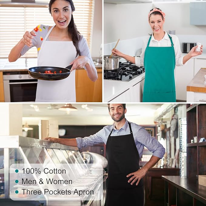 Jubatus 2 Pack 3 Pockets 100% Cotton Adjustable Bib Apron Chef Kitchen Cooking - Image 7