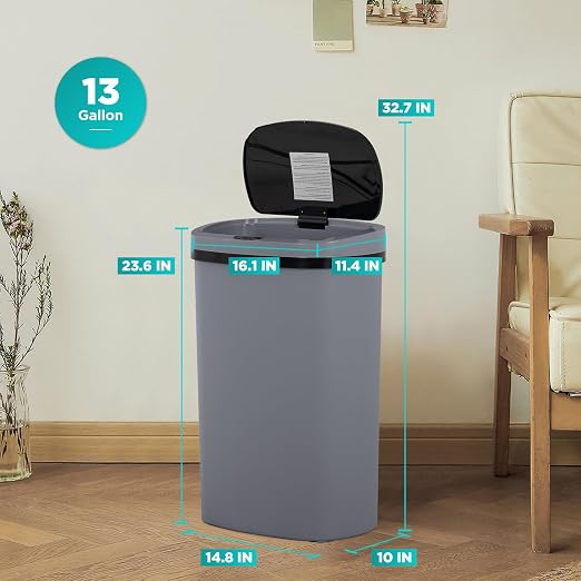 PayLessHere | 13 Gallon Plastic Trash Can | Gray | Automatic Touchless Lid - Image 7