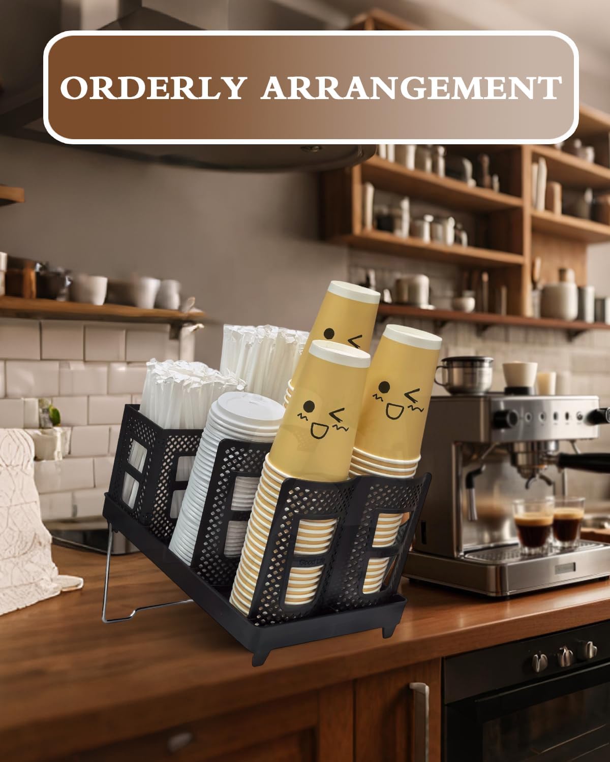 Coffee Cup Holder Organizer Unbreakable 2-IN-1 Paper Cup and Lid Holder with Straw Organizer Adjustable Paper Cup Holder for Countertop Coffee Station Bar Restaurant Breakroom Kitchen Office