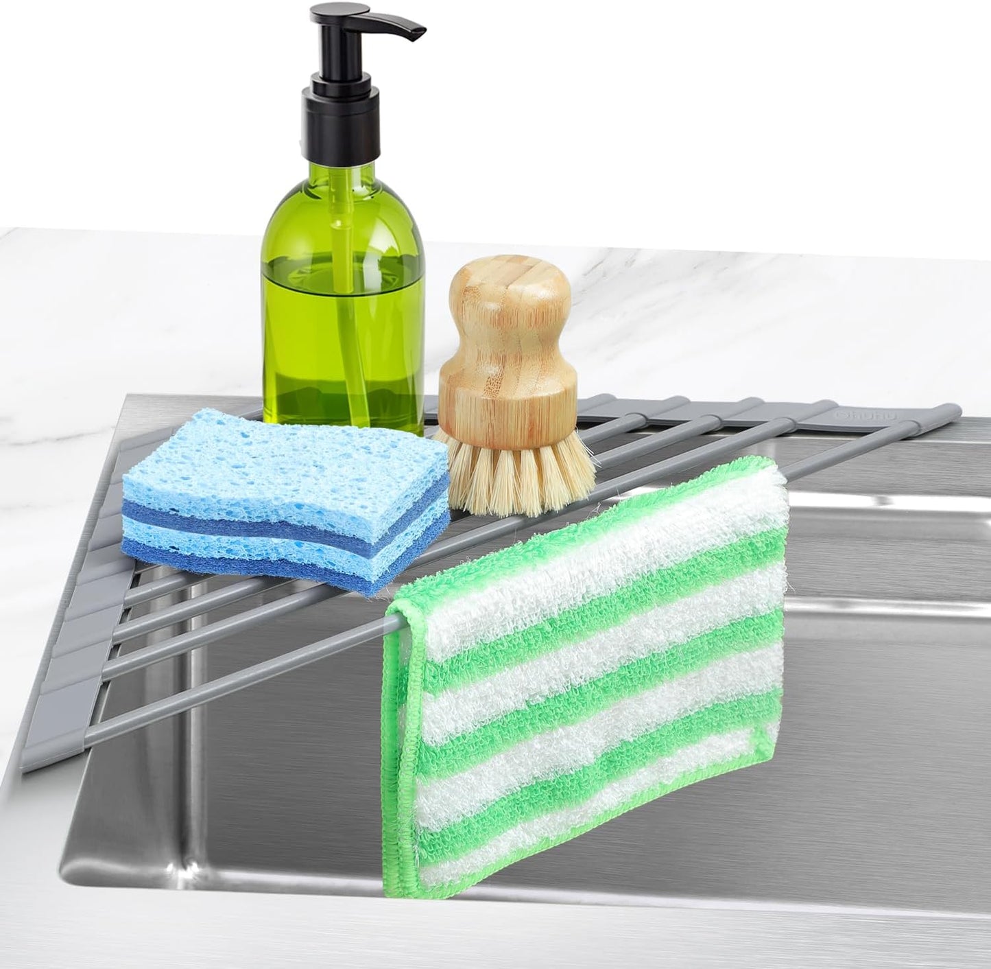 Ohuhu Triangle Roll Up Dish Drying Rack, Anti-Slip Organizer for Kitchen Sink Drying Rack with Full Silicone Wrapped for Top of Sink Coner Grey