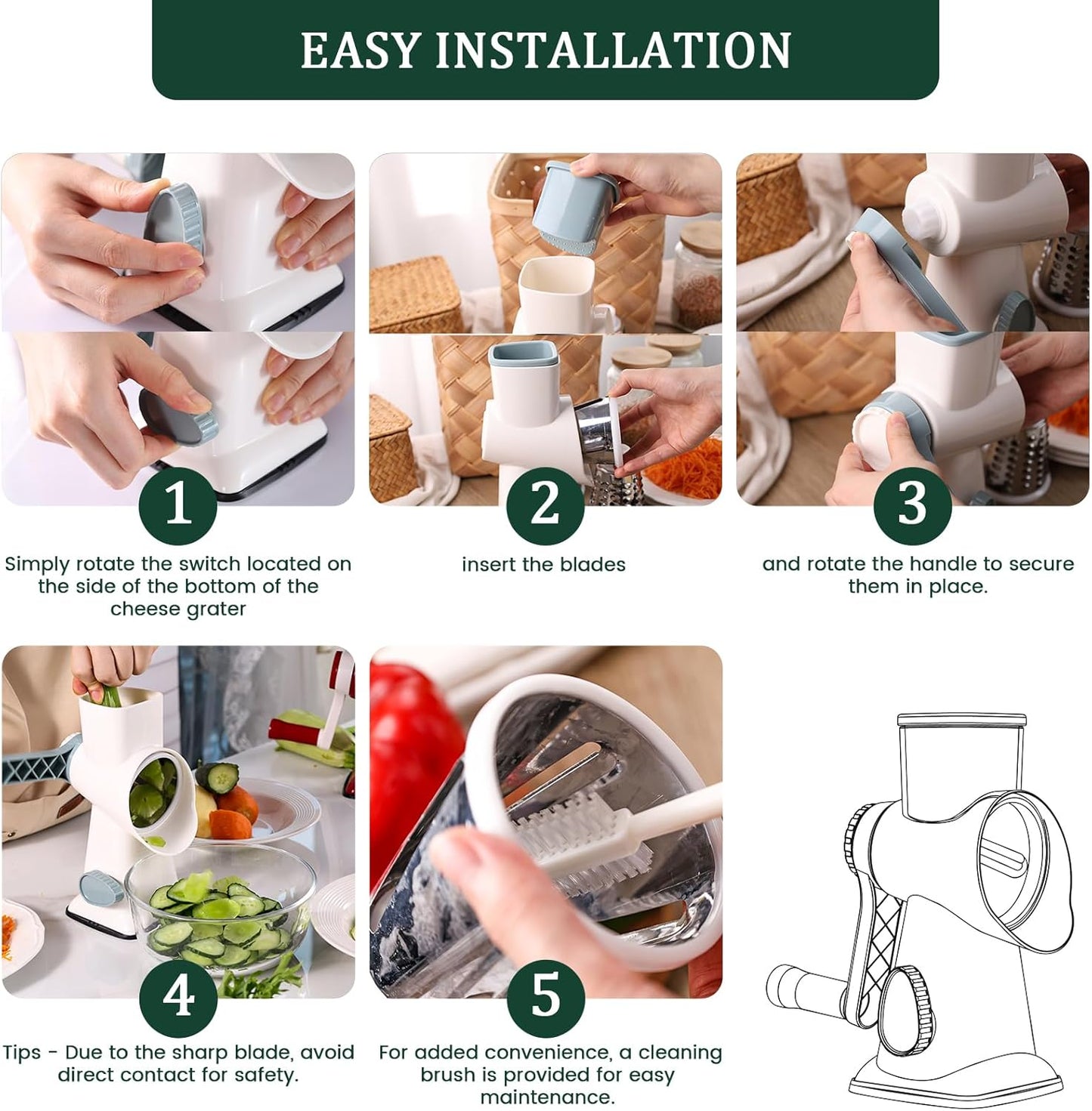 HANSGO Rotary Cheese Grater, Hand Crank Cheese Shredder, Vegetable Slicer for Kitchen, Non-slip Suction Base and 3 Interchangeable Blades for Potatoes Zucchini Nuts Chocolate Fruits, WhiteBlue