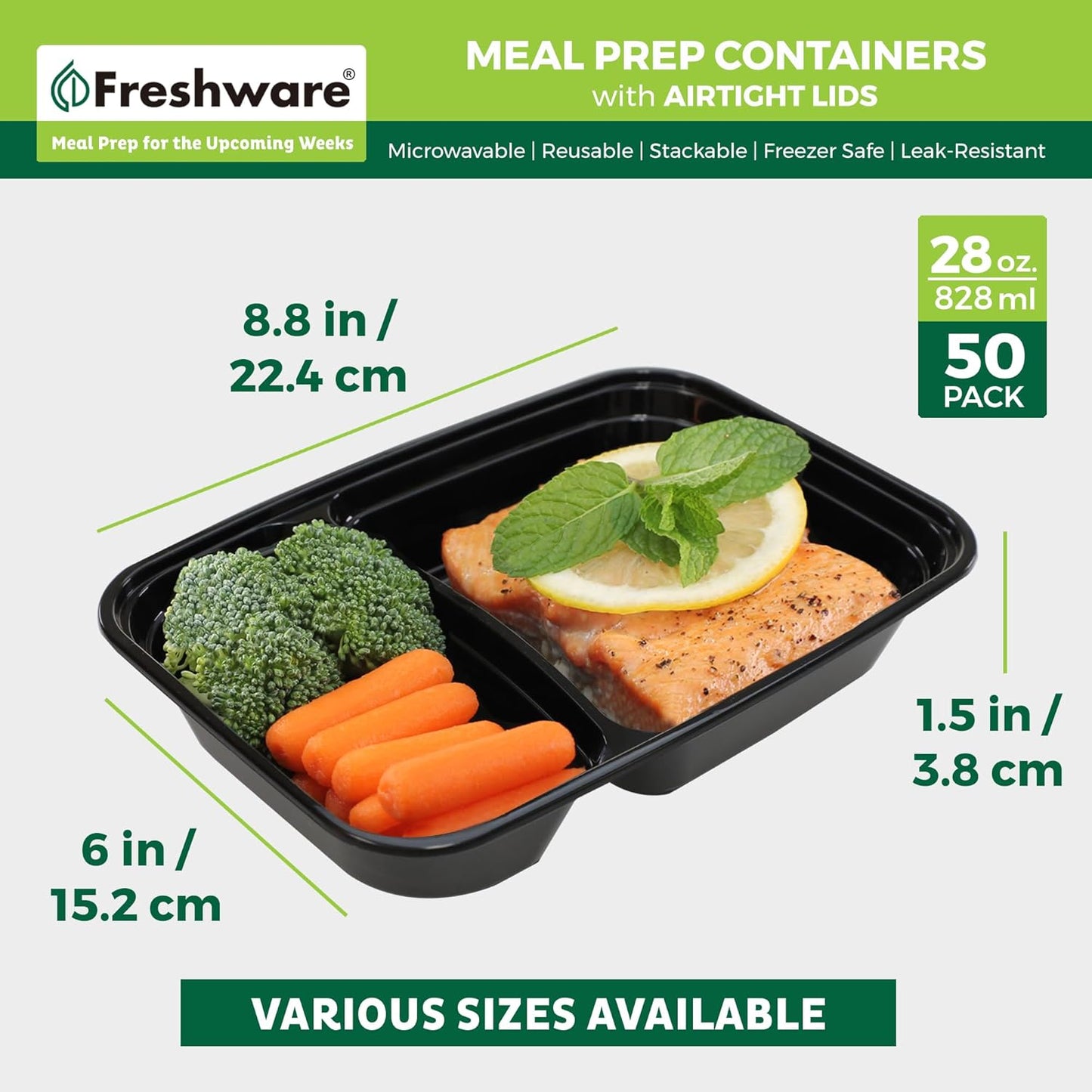 Freshware Meal Prep Containers [50 Count ] 2 Compartment with Lids, Food Storage Containers, Bento Box, BPA Free, Stackable, Microwave/Dishwasher/Freezer Safe (28 oz)