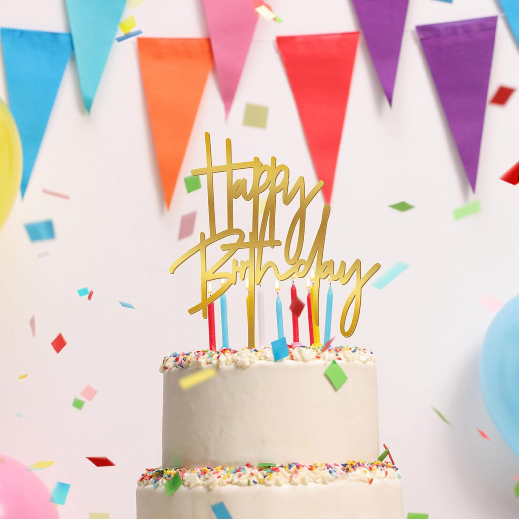 1PCS Gold Birthday Cake Topper, 5.3 x 7.2 Inches Acrylic Happy Birthday Cake Sign, Glitter Mirror Cake Topper Decorations for Anniversary, Bridal Shower, Birthday Party Supplies