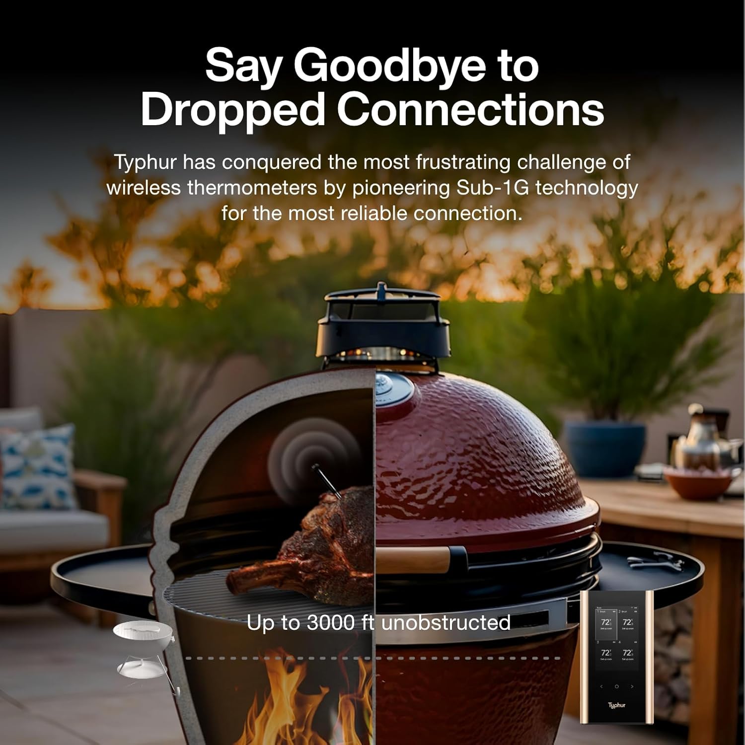 SYNC Gold Wireless Meat Thermometer | Four Slim Probes | 10x Stronger Signal Than Bluetooth | Reliable Readings Through Closed Smoker, Kamado Grill, BBQ, and Tough Obstacles | Easy-to-Use Base