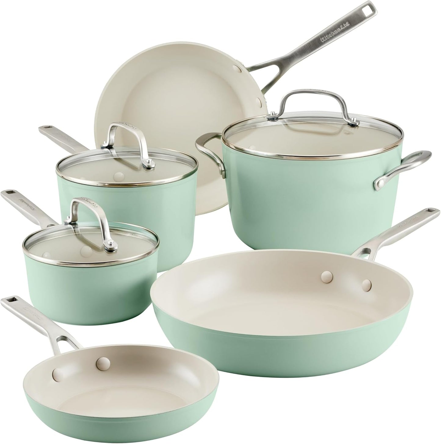 KitchenAid Hard Anodized Ceramic 9-Piece Nonstick Cookware Set – Includes Fry Pans, Saucepan, Stockpot, Durable, Even Heating, Oven Safe to 500°F, Pistachio