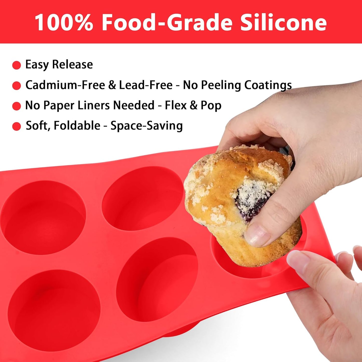 3-Pack Jumbo 6-Cup Silicone Muffin Pan Silicone Muffin Pan - Non-Stick Baking Mold for Cupcakes, Cornbread, Eggs - Red