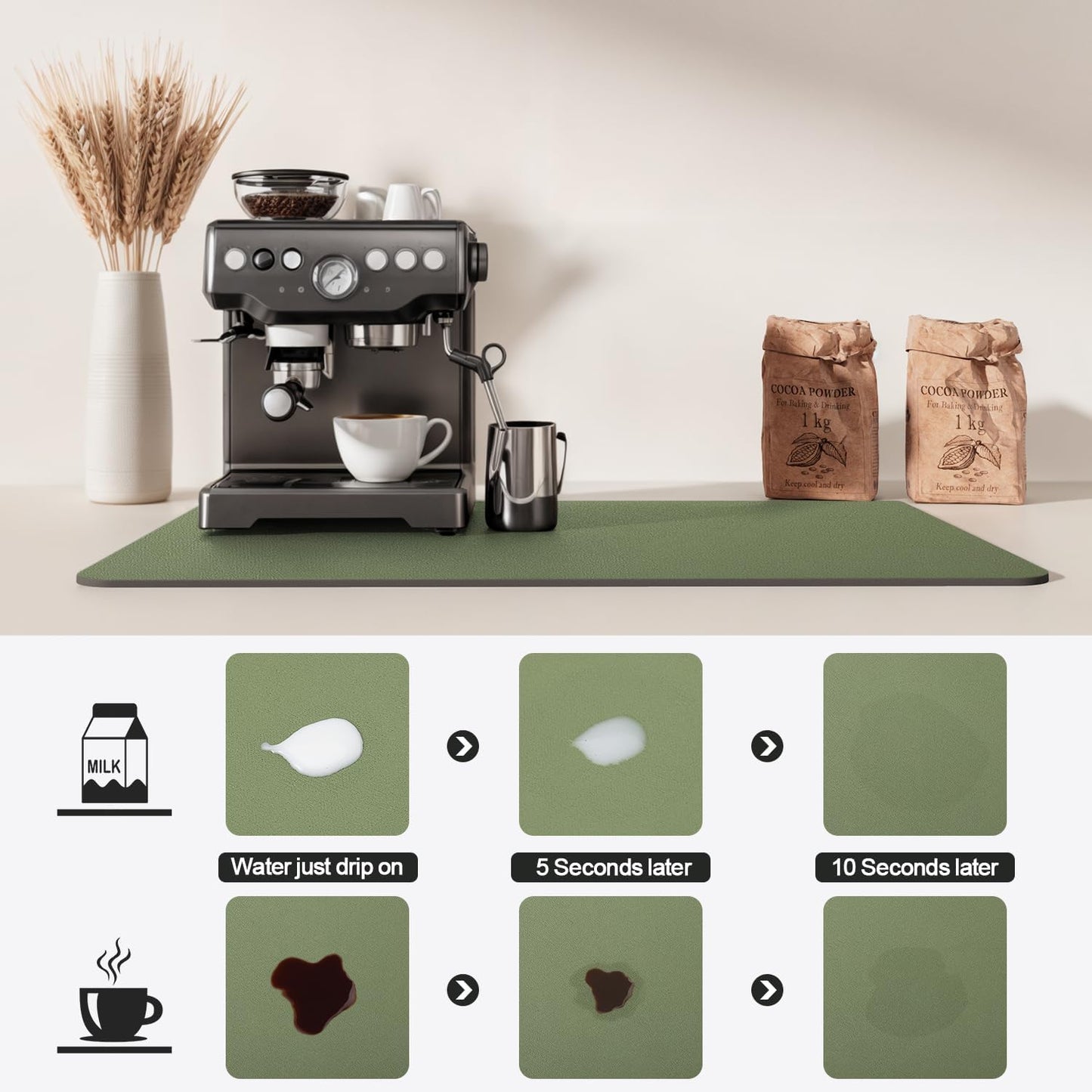 Dish Drying Mat for Kitchen Counter | Coffee Bar Mat for Countertops | Heat Resistant Drainer Mat with Non-slip Rubber Backed | Hide Stain Kitchen Absorbent Draining Mat | Green 16"x18"