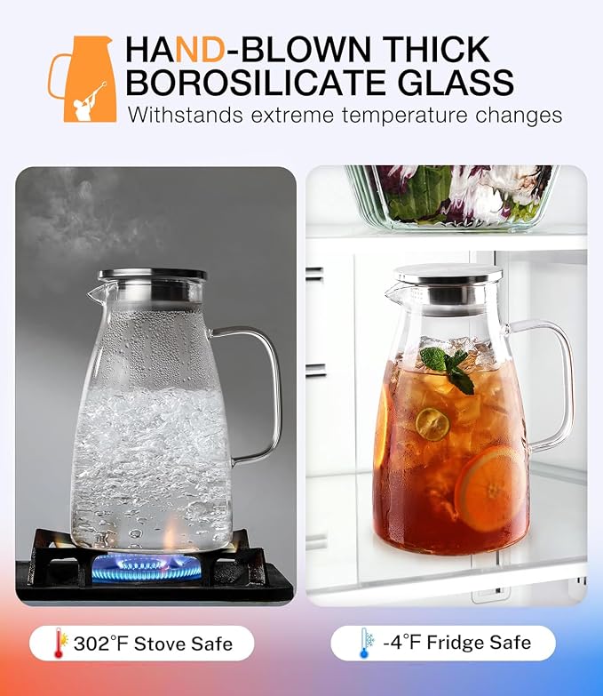 Glass Pitcher with Lid, 2 Liter 68oz Water Pitcher with Handle and Spout - Image 5