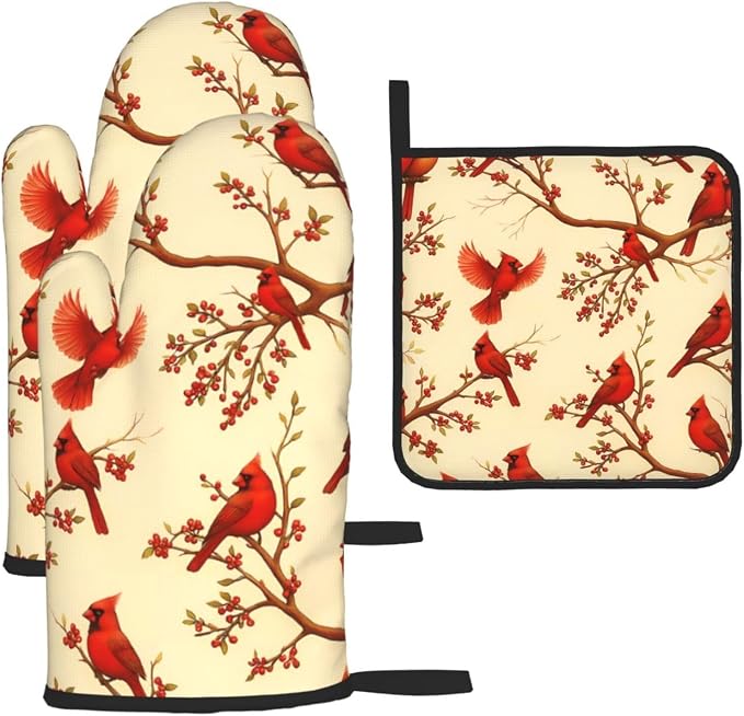 Red Cardinal Oven Mitts and Pot Holders Sets of 3, Non-Slip Christmas Heat by Unknown
