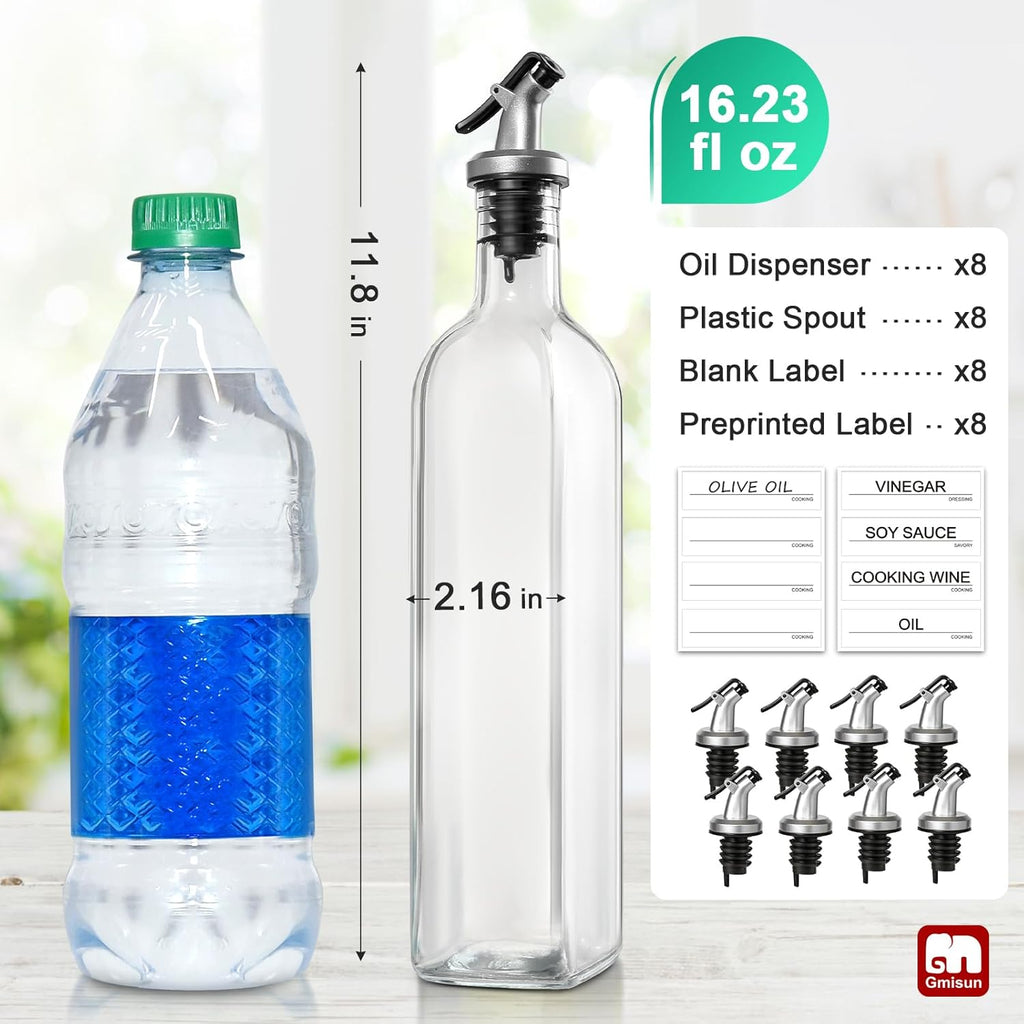 GMISUN Olive Oil Dispenser for Kitchen 8 Pack, Glass Oil Dispenser Bottle 17oz, Cooking Soy Sauce Bottle Container Cruet with Plastic Pourer Spout, Funnel and Labels, Clear