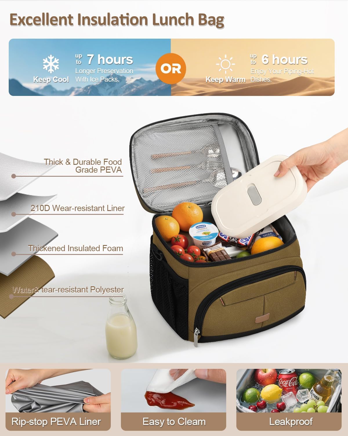 Lunch Box for Man Women, Insulated Lunch Bag Cooler Bag Leakproof Lunchbox Lunch Tote Bags with Removable Strap for Work School Picnic Travel (Khaki/12L