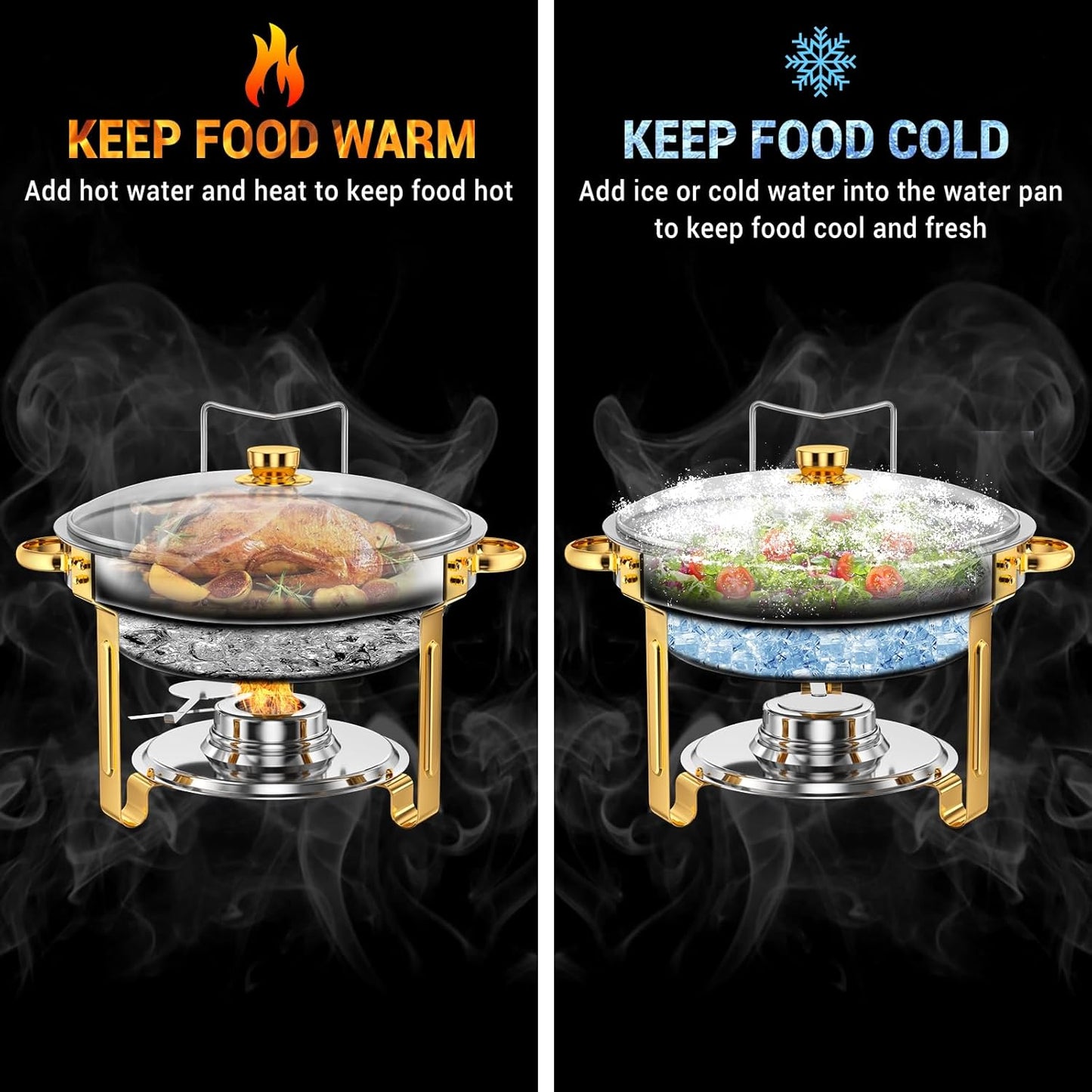 Round Chafing Dishes for Buffet 5 Qt,High Grade Chafing Dish Buffet Set, Full Size Pan,Rolled-Edge Design Food Warmers for Parties,Buffet,Wedding,Birthday,Camping 4 PACK (Half Gold-Glass)