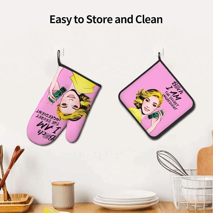 Cute Pink Oven Mitts and Pot Holders Set of 3, Heat Resistant Non-Slip Funny - Image 5