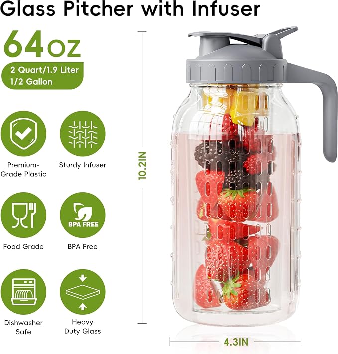 JunVpic Glass Mason Jar Pitcher, 64oz Wide Mouth Jug - Image 2